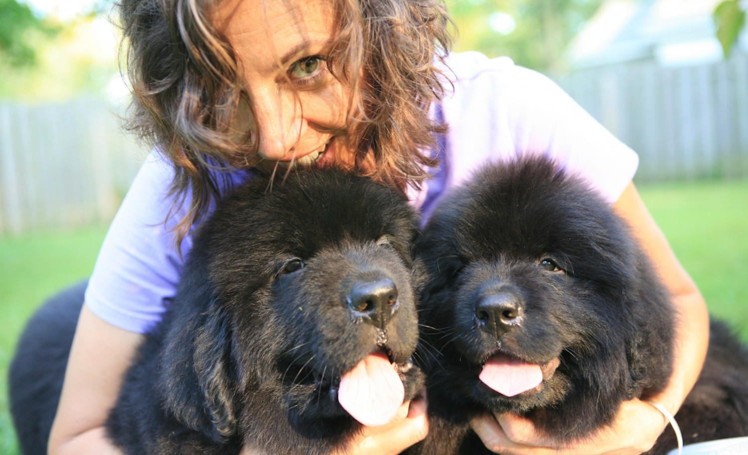 woman with 2 black dogs